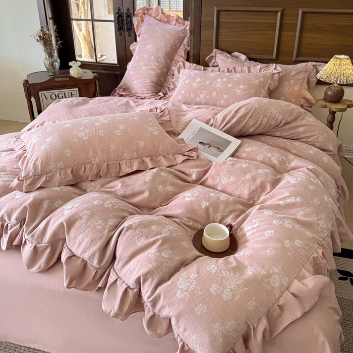 91家纺网 家纺一手货源 找家纺 锦格家纺 2025年春夏新款A类全棉纯棉色织三层纱提花四件套 森妮