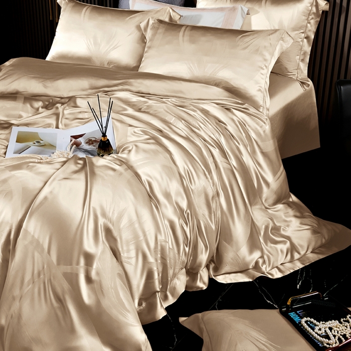 91家纺网 家纺一手货源 找家纺 晋瑞 红顶鹅绒馆 2025真丝天丝大提花四件套 七夜雪香槟