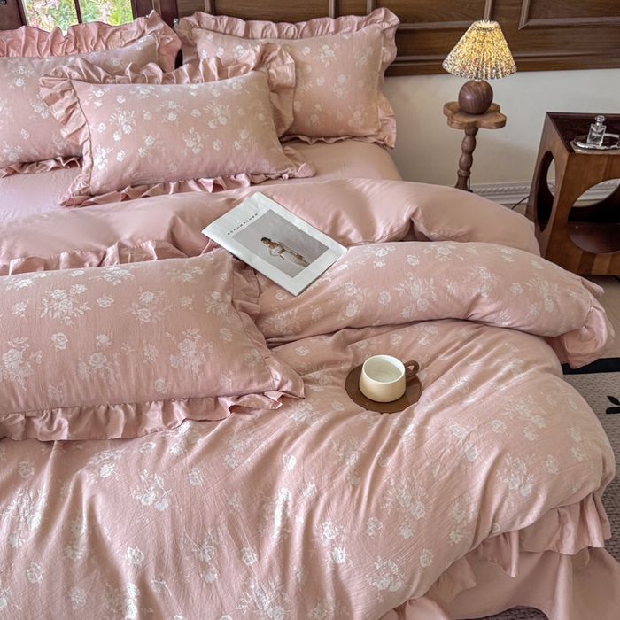 91家纺网 家纺一手货源 找家纺 锦格家纺 2025年春夏新款A类全棉纯棉色织三层纱提花四件套 森妮