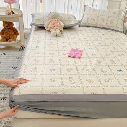 川悦生活2025新款小清新床笠600D立体宽边冰丝席床笠款 床笠花上点兔