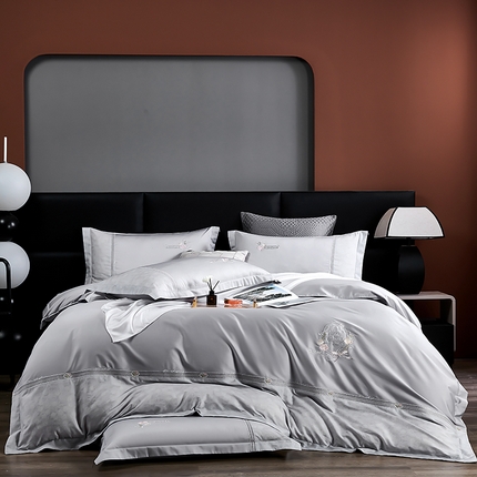 2025新款120S60支双股贡缎长绒棉刺绣花四件套纯棉全棉100%棉轻奢时尚 卡芙-时尚灰