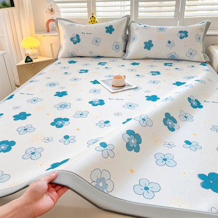 雯豆2025春夏新款碳光冰丝席三件套A类凉感印花三明治凉席 碳光冰丝席-绑带款-漫雨-1