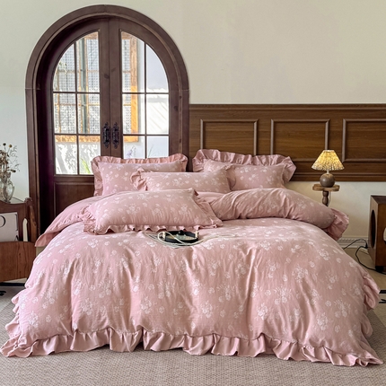 91家纺网 家纺一手货源 找家纺 锦格家纺 2025年春夏新款A类全棉纯棉色织三层纱提花四件套 森妮