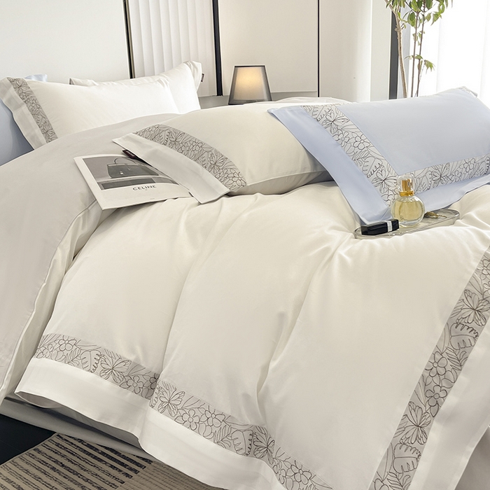 91家纺网 家纺一手货源 找家纺 2025新款轻奢A类母婴级长绒棉全工艺刺绣四件套纯棉全棉高端春夏季爆款床上用品 诺兰-白灰