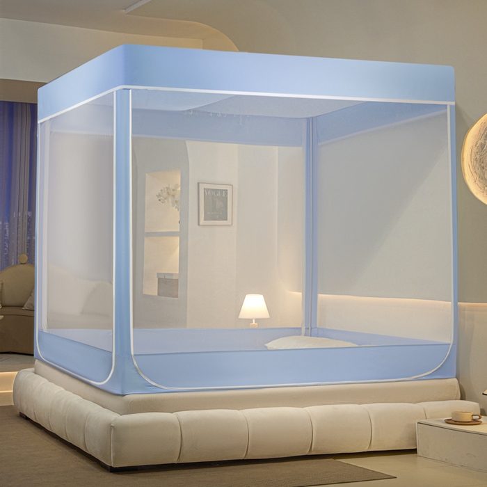 91家纺网 家纺一手货源 找家纺 兆星家纺 2025新款内穿带布帘蚊帐 纯色款 纯色-蓝色（不含帘）