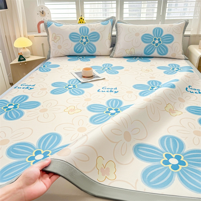 91家纺网 家纺一手货源 找家纺 雯豆2025春夏新款碳光冰丝席三件套A类凉感印花三明治凉席 碳光冰丝席-绑带款-艾夏