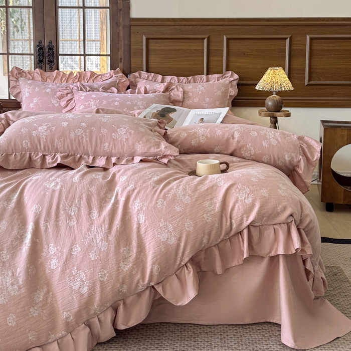 91家纺网 家纺一手货源 找家纺 锦格家纺 2025年春夏新款A类全棉纯棉色织三层纱提花四件套 森妮