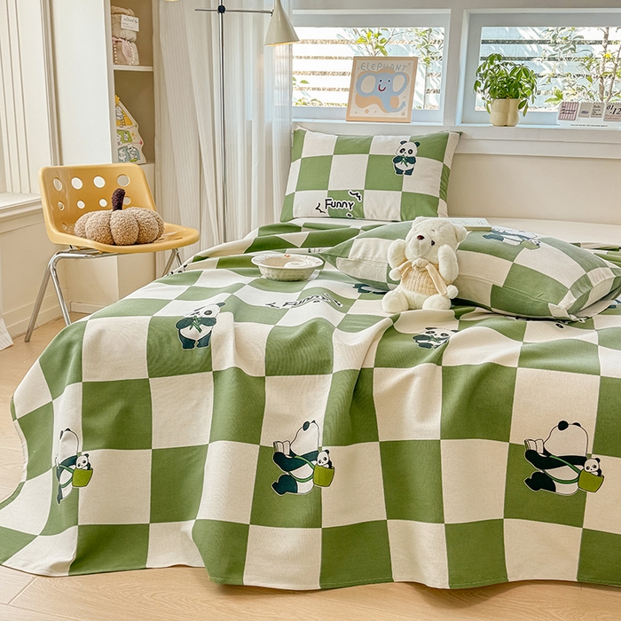 91家纺网 家纺一手货源 找家纺 博弈家纺   2025新款亲肤舒适原棉老粗布床单凉席三件套系列 可爱熊猫