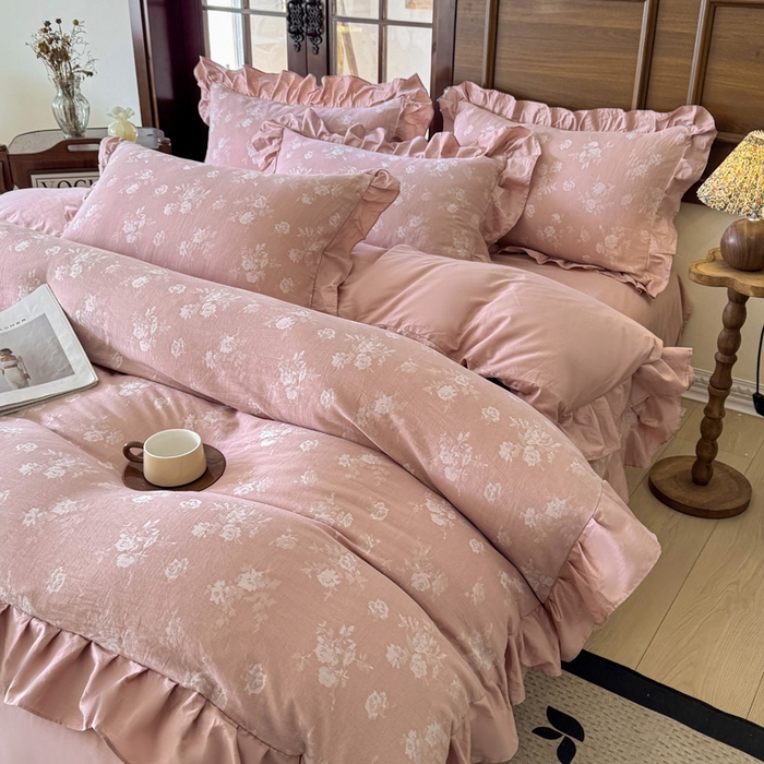 91家纺网 家纺一手货源 找家纺 锦格家纺 2025年春夏新款A类全棉纯棉色织三层纱提花四件套 森妮