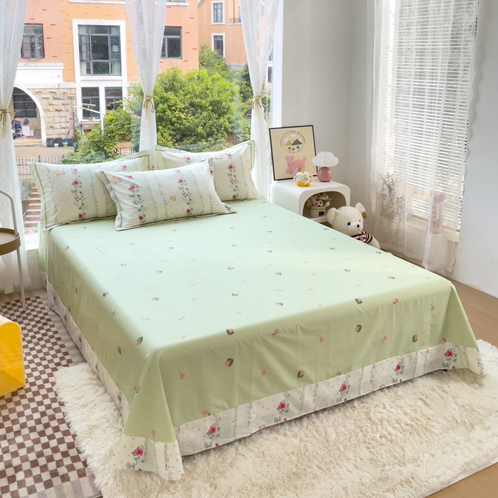 91家纺网 家纺一手货源 找家纺 铭博家纺 2025新款直播热款全棉吊边一字绣工艺款13070印花全棉单床单 淡雅花资