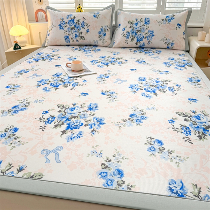 91家纺网 家纺一手货源 找家纺 雯豆2025春夏新款碳光冰丝席三件套A类凉感印花三明治凉席 碳光冰丝席-绑带款-芳华如梦