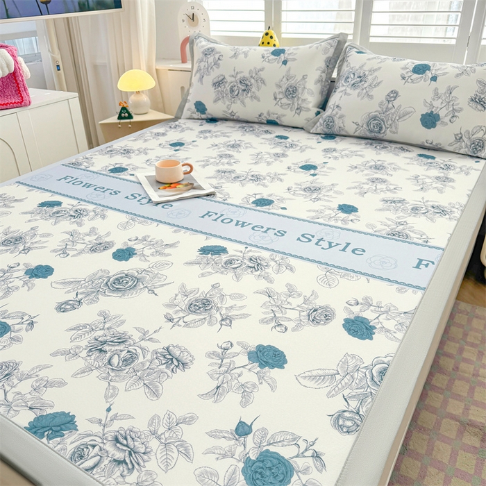 91家纺网 家纺一手货源 找家纺 雯豆2025春夏新款碳光冰丝席三件套A类凉感印花三明治凉席 碳光冰丝席-绑带款-诗韵-1