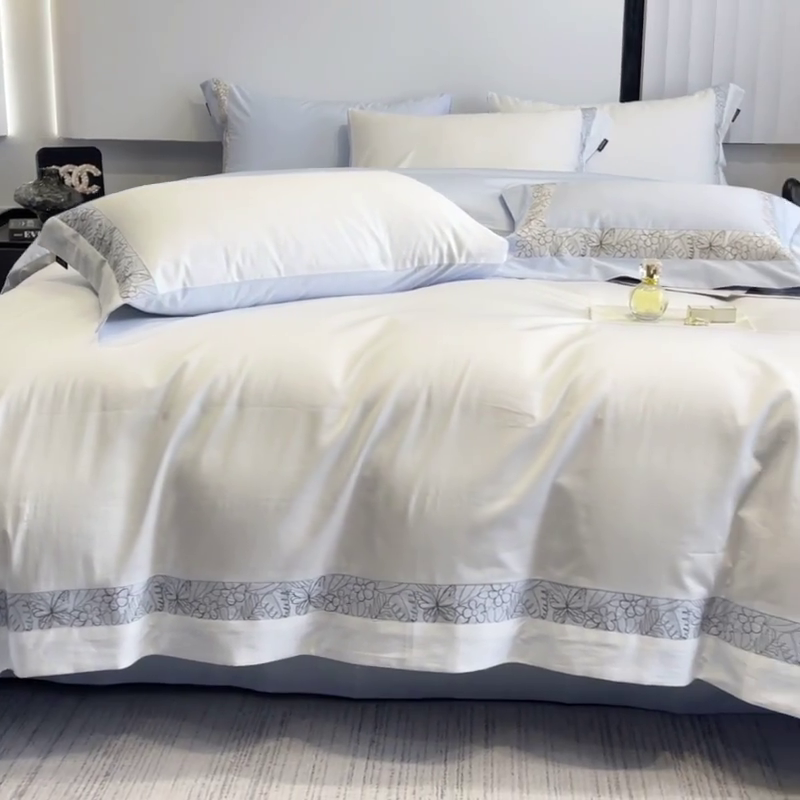 91家纺网 家纺一手货源 找家纺 2025新款轻奢A类母婴级长绒棉全工艺刺绣四件套纯棉全棉高端春夏季爆款床上用品 诺兰-白蓝