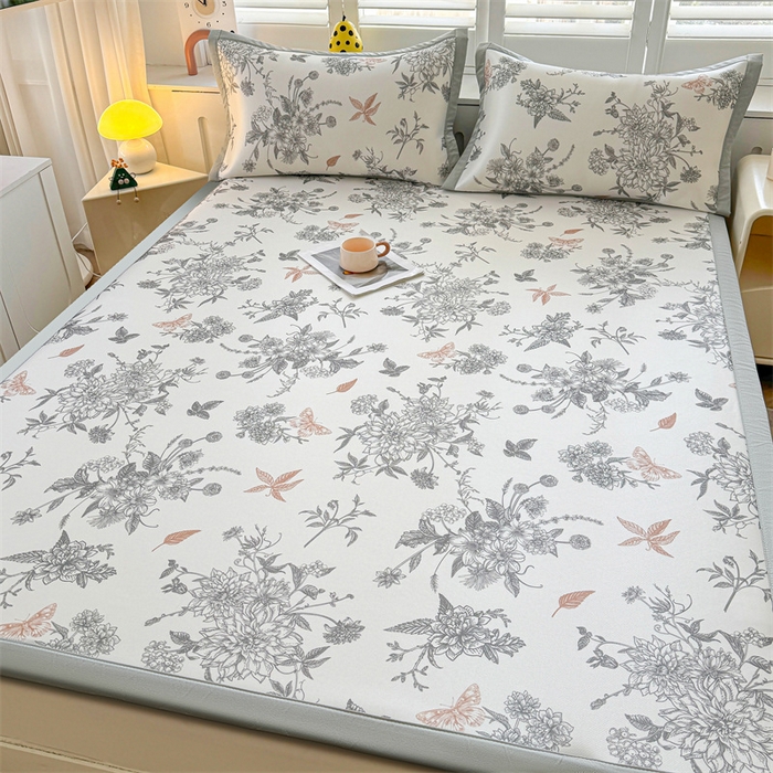 91家纺网 家纺一手货源 找家纺 雯豆2025春夏新款碳光冰丝席三件套A类凉感印花三明治凉席 碳光冰丝席-绑带款-笔墨书香