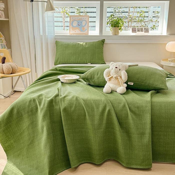 91家纺网 家纺一手货源 找家纺 博弈家纺   2025新款亲肤舒适原棉老粗布床单凉席三件套系列 嫩绿