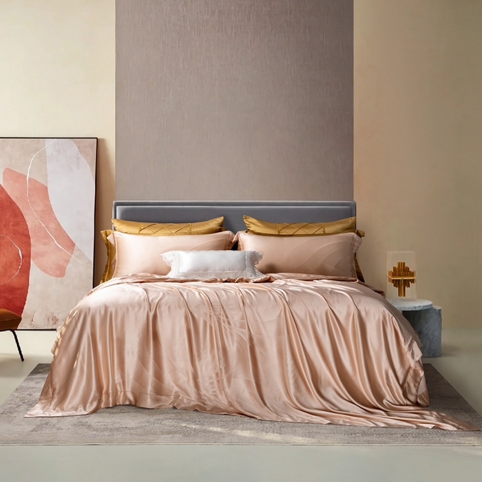 91家纺网 家纺一手货源 找家纺 晋瑞 红顶鹅绒馆 2025真丝天丝大提花四件套 陌上诗粉色