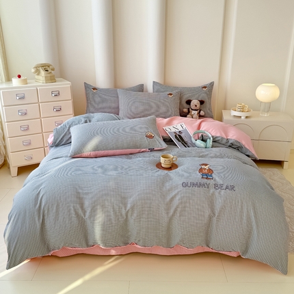 91家纺网 家纺一手货源 找家纺 KA家纺 春夏新款A类色织水洗棉四件套 休闲英伦蓝粉大格