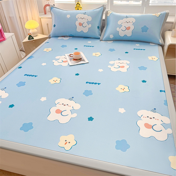 91家纺网 家纺一手货源 找家纺 雯豆2025春夏新款碳光冰丝席三件套A类凉感印花三明治凉席 碳光冰丝席-绑带款-星星狗-1