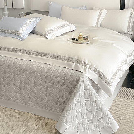 2025新款A类100支长绒棉夹棉床盖床笠四件套全棉纯棉床单加厚高端重工刺绣四季款床上用品 诺兰-白灰