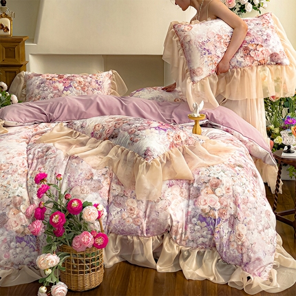 赛丽雅 2025新款法式浪漫花边款公主风荷叶边高级田园风四件套 薄雾玫瑰-温莎紫