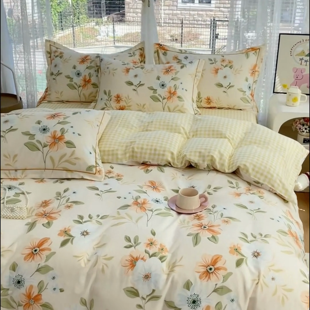 91家纺网 家纺一手货源 找家纺 铭博家纺 2025新款直播热款全棉吊边一字绣工艺款13070印花全棉单床单 花颜悦色