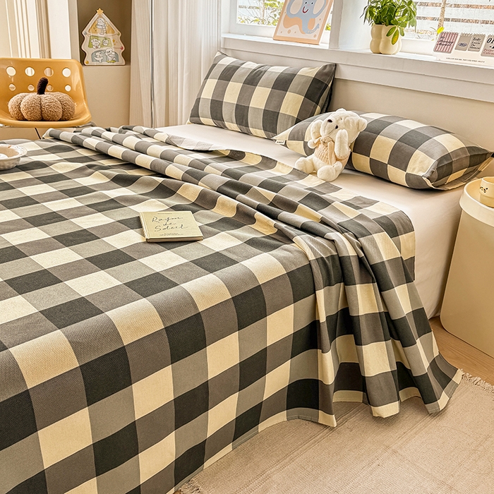 91家纺网 家纺一手货源 找家纺 博弈家纺   2025新款亲肤舒适原棉老粗布床单凉席三件套系列 灰格