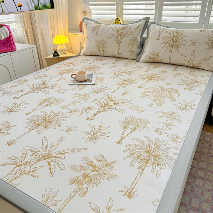 91家纺网 家纺一手货源 找家纺 雯豆2025春夏新款碳光冰丝席三件套A类凉感印花三明治凉席 碳光冰丝席-绑带款-千枝叶-1