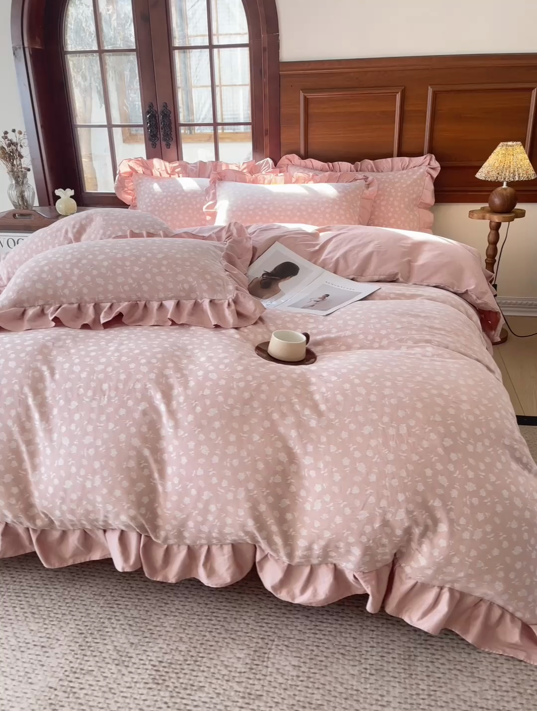 91家纺网 家纺一手货源 找家纺 锦格家纺 2025年春夏新款A类全棉纯棉色织三层纱提花四件套 莫泊玫瑰