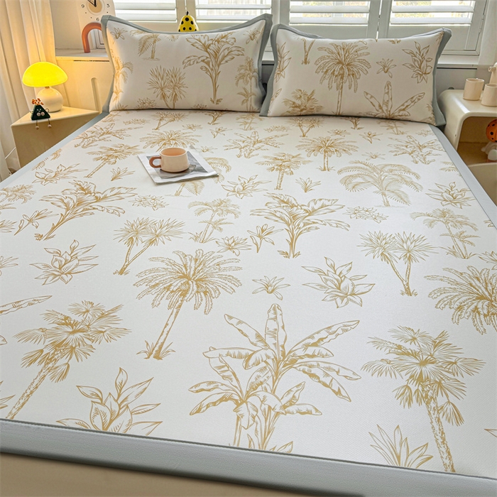 91家纺网 家纺一手货源 找家纺 雯豆2025春夏新款碳光冰丝席三件套A类凉感印花三明治凉席 碳光冰丝席-绑带款-千枝叶-1