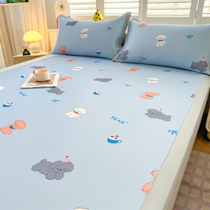 91家纺网 家纺一手货源 找家纺 雯豆2025春夏新款碳光冰丝席三件套A类凉感印花三明治凉席 碳光冰丝席-绑带款-旺财-1