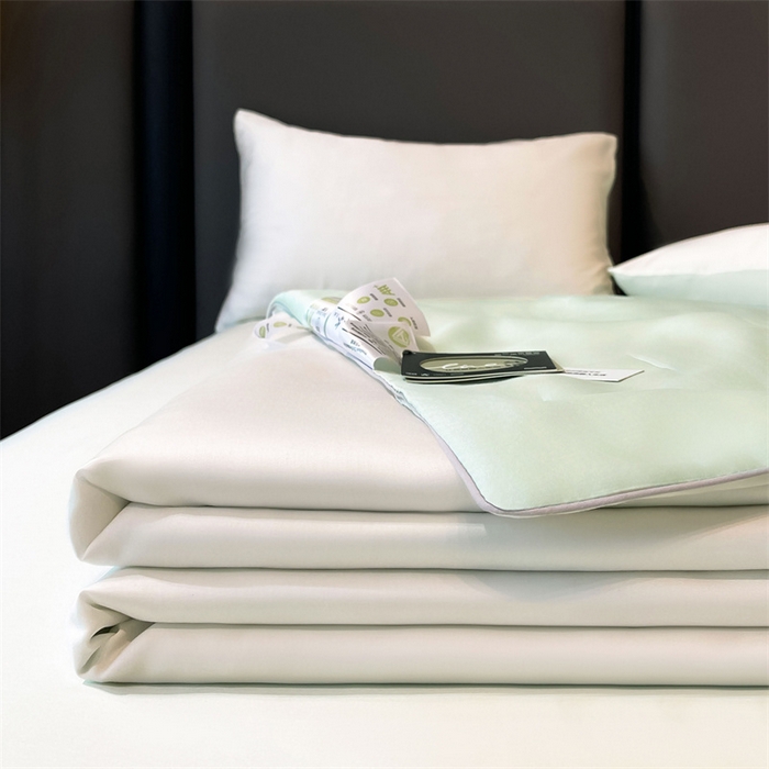 91家纺网 家纺一手货源 找家纺 雯豆天丝夏被纯色拼色A类莱赛尔凉感被子轻奢夏凉被子四件套 洛神珠-象牙白+浅艾绿