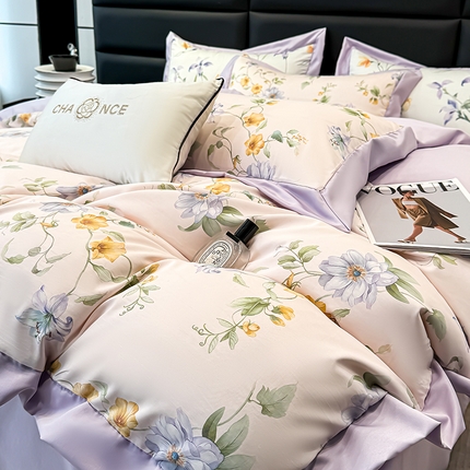 天一阁 2025春夏新款莱赛尔天丝印花四件套 礼盒装【可配床盖款】 丽馨-紫色