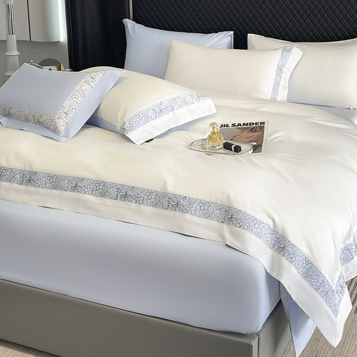 91家纺网 家纺一手货源 找家纺 2025新款A类100支长绒棉夹棉床盖床笠四件套全棉纯棉床单加厚高端重工刺绣四季款床上用品 诺兰-白蓝