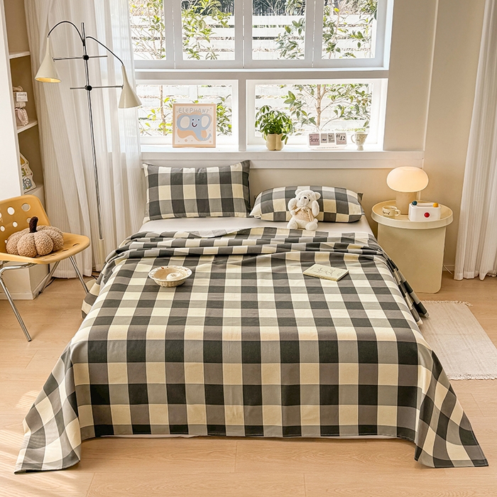 91家纺网 家纺一手货源 找家纺 博弈家纺   2025新款亲肤舒适原棉老粗布床单凉席三件套系列 灰格