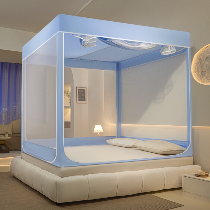 91家纺网 家纺一手货源 找家纺 兆星家纺 2025新款内穿带布帘蚊帐 纯色款 纯色-蓝色（不含帘）