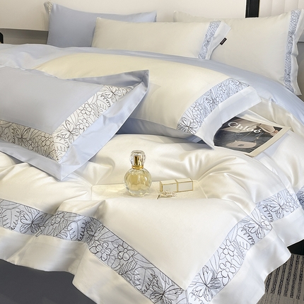 2025新款A类长绒棉夹棉床盖床笠四件套全棉纯棉纯色绗绣四季款保护罩高级感纯色床上用品 诺兰-白蓝