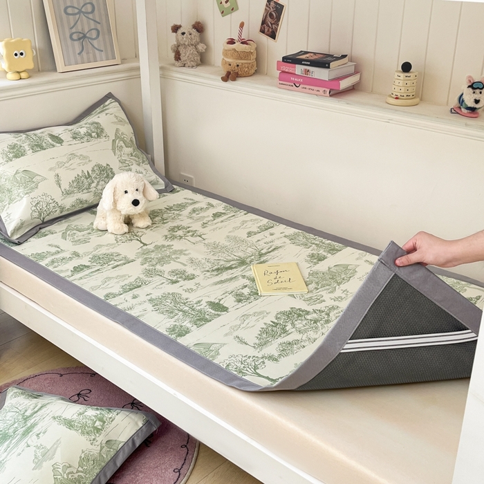 91家纺网 家纺一手货源 找家纺 川悦生活2025新款600D立体宽边印花冰丝席学生床 复古欧庭-绿