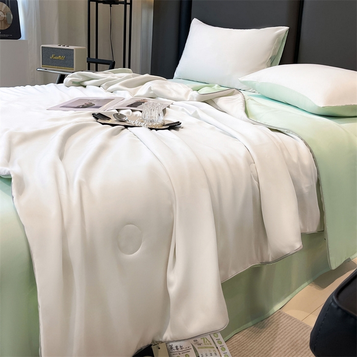 91家纺网 家纺一手货源 找家纺 雯豆天丝夏被纯色拼色A类莱赛尔凉感被子轻奢夏凉被子四件套 洛神珠-象牙白+浅艾绿