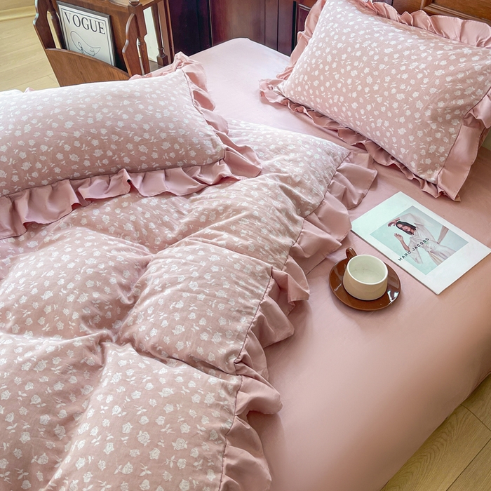 91家纺网 家纺一手货源 找家纺 锦格家纺 2025年春夏新款A类全棉纯棉色织三层纱提花四件套 莫泊玫瑰