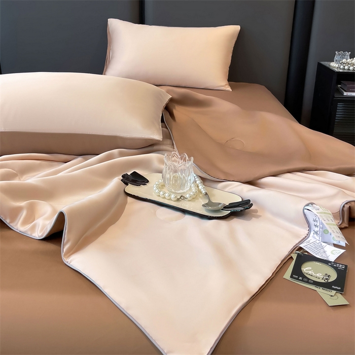 91家纺网 家纺一手货源 找家纺 （总）雯豆天丝夏被纯色拼色A类莱赛尔凉感被子轻奢夏凉被子四件套