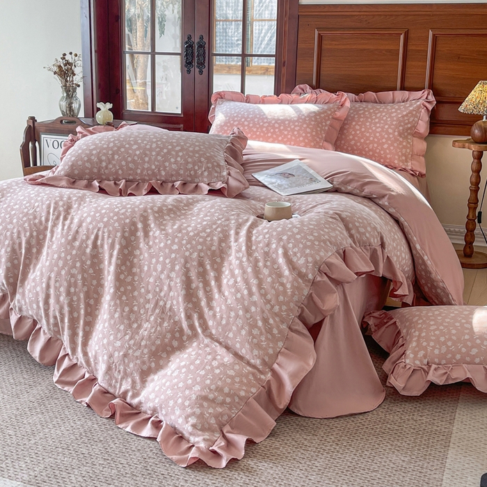 91家纺网 家纺一手货源 找家纺 锦格家纺 2025年春夏新款A类全棉纯棉色织三层纱提花四件套 莫泊玫瑰