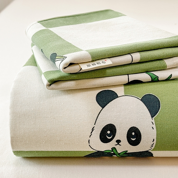 91家纺网 家纺一手货源 找家纺 博弈家纺   2025新款亲肤舒适原棉老粗布床单凉席三件套系列 可爱熊猫