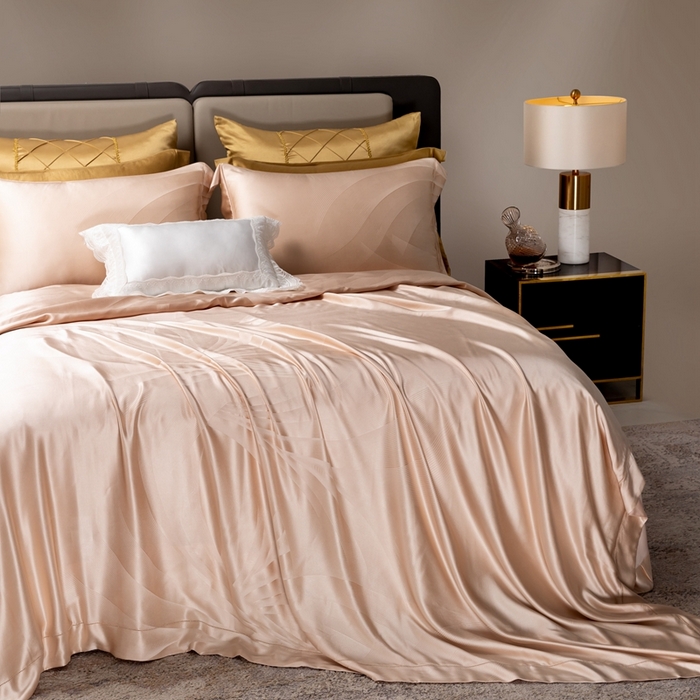 91家纺网 家纺一手货源 找家纺 晋瑞 红顶鹅绒馆 2025真丝天丝大提花四件套 陌上诗粉色