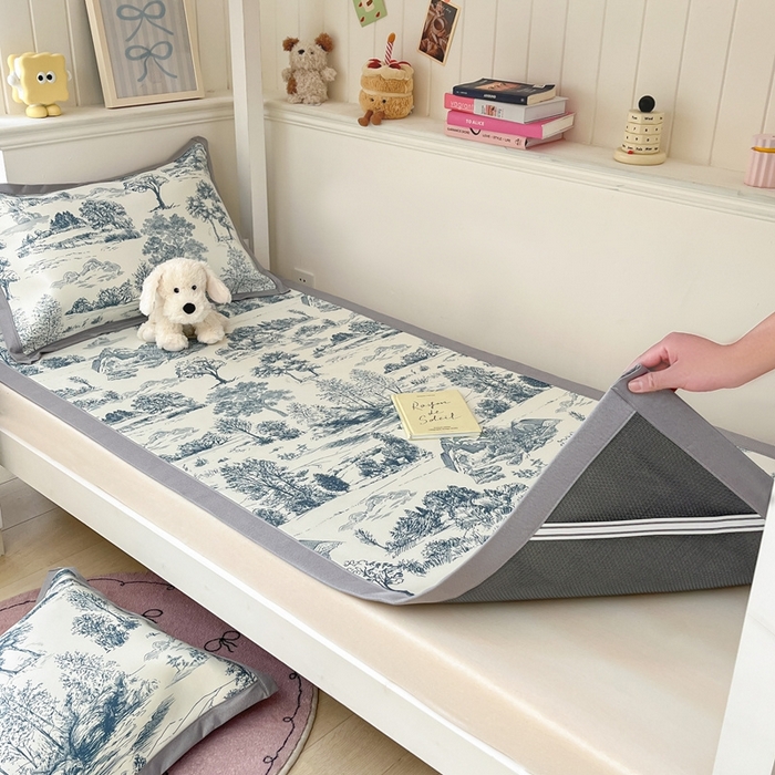 91家纺网 家纺一手货源 找家纺 川悦生活2025新款600D立体宽边印花冰丝席学生床 复古欧庭-蓝