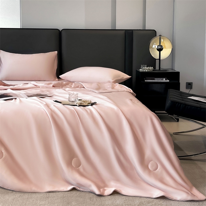 91家纺网 家纺一手货源 找家纺 雯豆天丝夏被纯色拼色A类莱赛尔凉感被子轻奢夏凉被子四件套 洛神珠-芭比粉