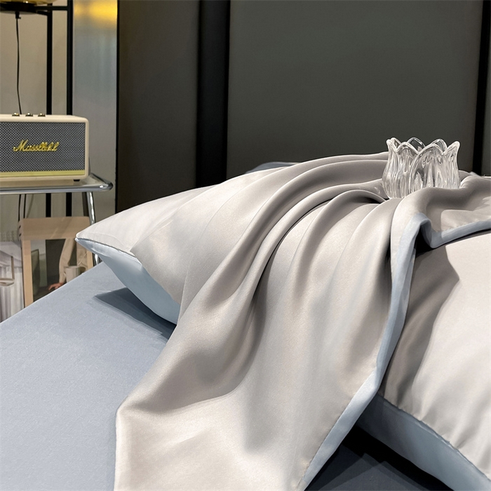 91家纺网 家纺一手货源 找家纺 雯豆天丝夏被纯色拼色A类莱赛尔凉感被子轻奢夏凉被子四件套 洛神珠-轻奢灰+雾霾蓝