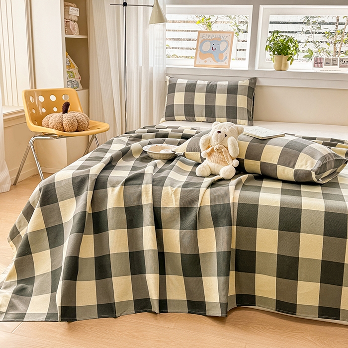 91家纺网 家纺一手货源 找家纺 博弈家纺   2025新款亲肤舒适原棉老粗布床单凉席三件套系列 灰格