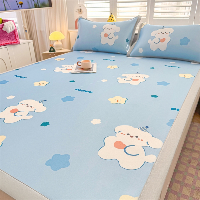 91家纺网 家纺一手货源 找家纺 （总）雯豆2025春夏新款碳光冰丝席三件套A类凉感印花三明治凉席