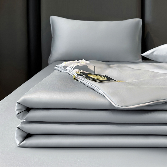 91家纺网 家纺一手货源 找家纺 雯豆天丝夏被纯色拼色A类莱赛尔凉感被子轻奢夏凉被子四件套 洛神珠-浅灰