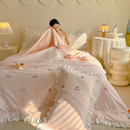 绒世界 绒世界 2025针织提花绣花小清新夏被四件套 草莓-水蜜粉